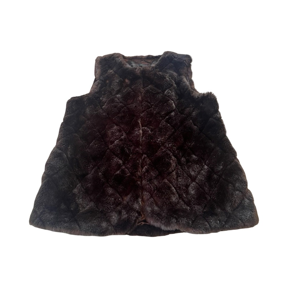 Talbots Womens Brown Diamond Quilted Faux Fur Vest Small‎ CN5086 Sleeveless Glam